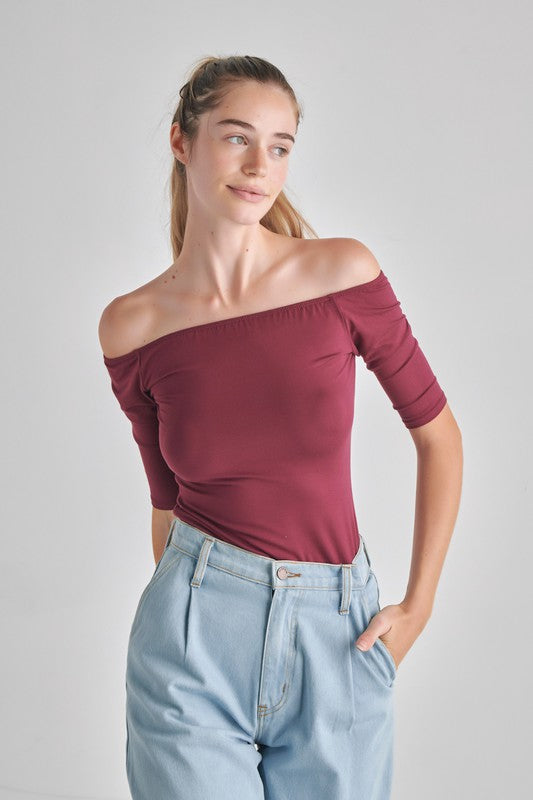 O2 Denim Off-the-Shoulder Fitted Stretch 3/4 Sleeve Top