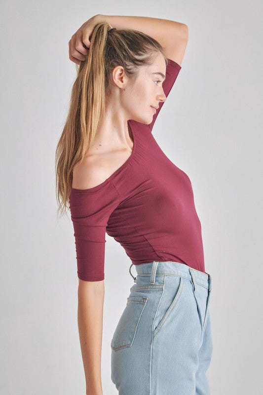 O2 Denim Off-the-Shoulder Fitted Stretch 3/4 Sleeve Top