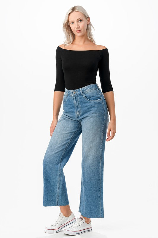 O2 Denim Off-the-Shoulder Fitted Stretch 3/4 Sleeve Top