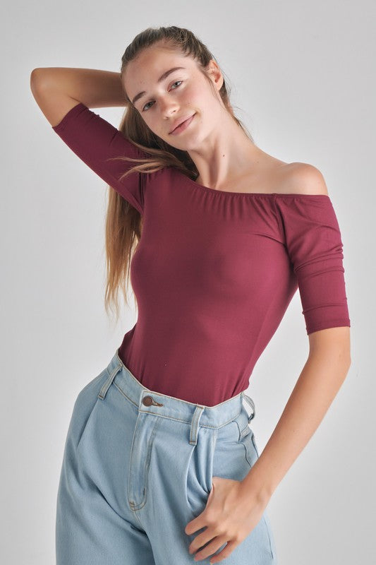 O2 Denim Off-the-Shoulder Fitted Stretch 3/4 Sleeve Top