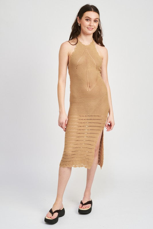 EMORY PARK BODYCON CROCHET HALTER MIDI DRESS WITH SLIT