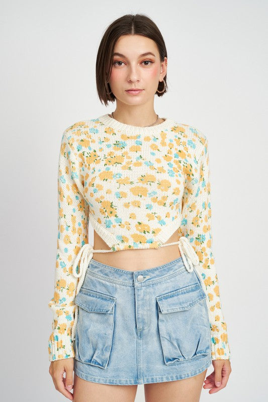 EMORY PARK PRINTED SWEATER TOP WITH SIDE DRAWSTRINGS