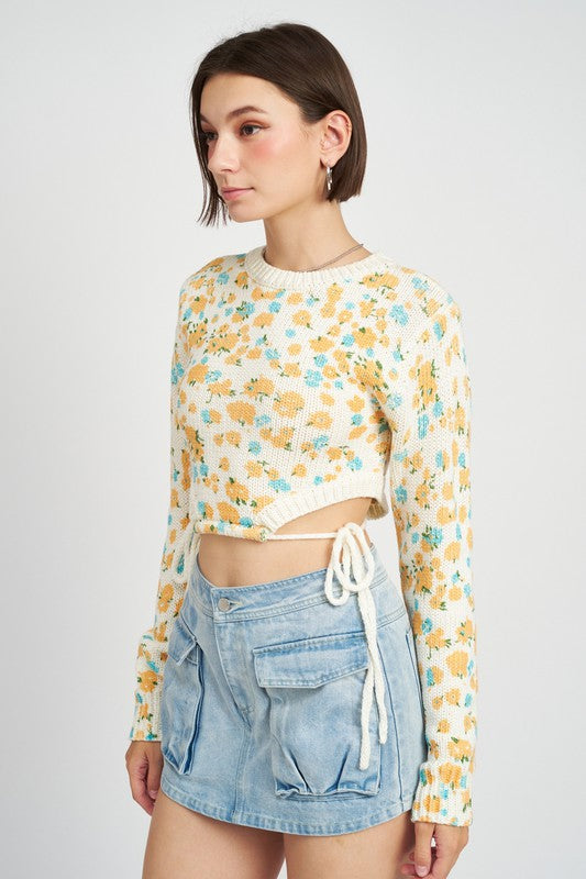 EMORY PARK PRINTED SWEATER TOP WITH SIDE DRAWSTRINGS