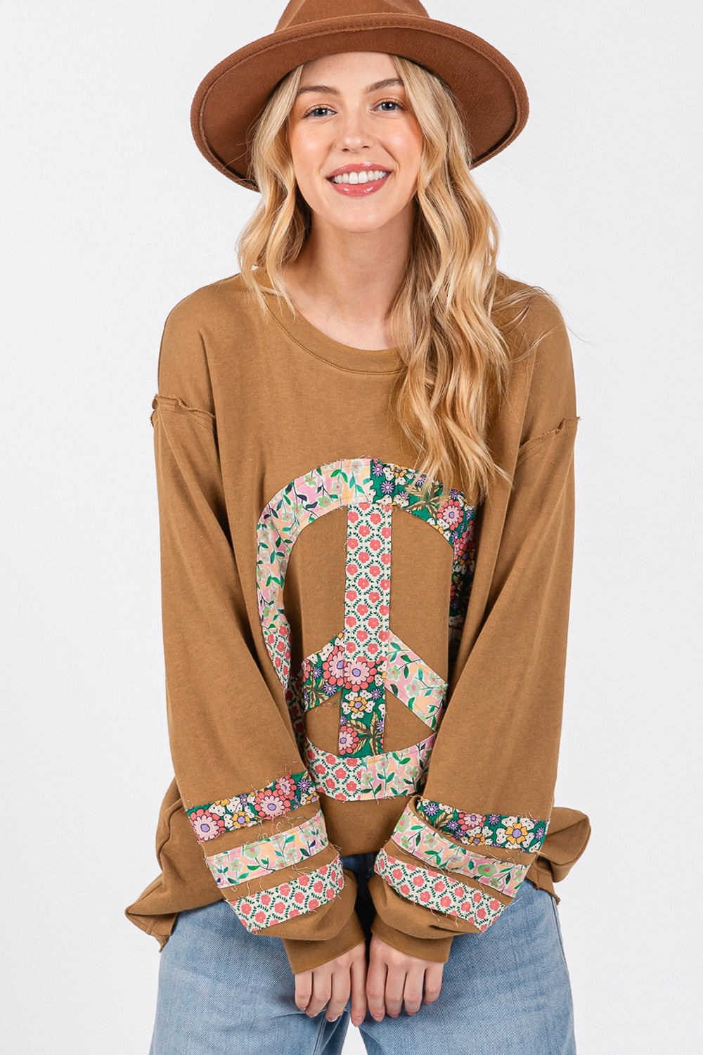 SAGE + FIG Peace Patch Exposed Seam Round Neck Tunic Top in Bronze Brown Multi