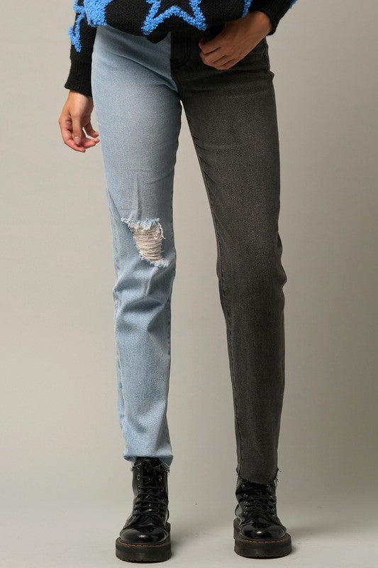 Insane Gene Color Block Distressed Raw Hem Skinny Jeans in Medium/Black Combo