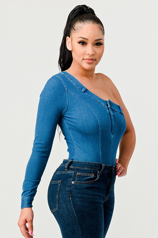 ATHINA One Sleeve Denim Bodysuit