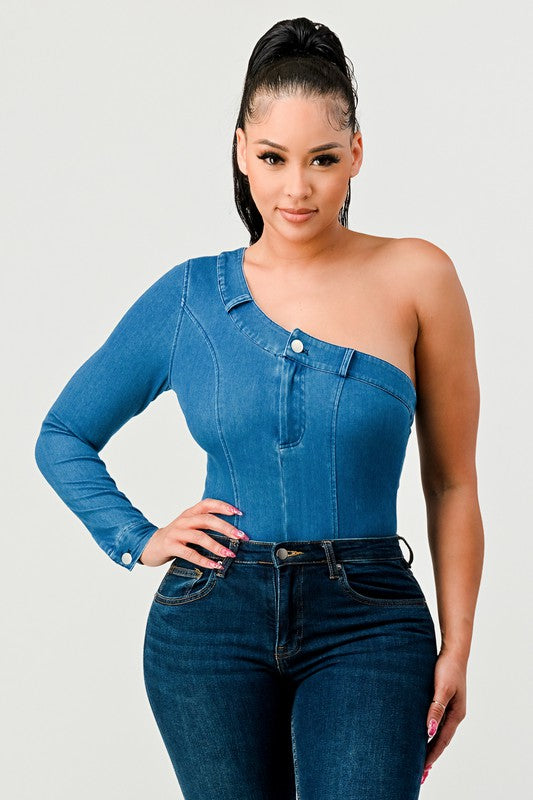 ATHINA One Sleeve Denim Bodysuit