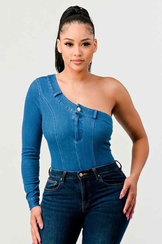 ATHINA One Sleeve Denim Bodysuit