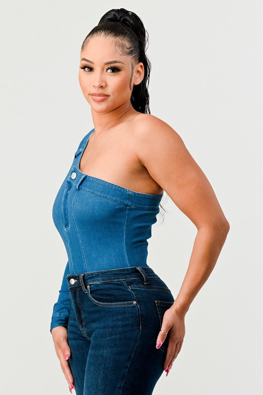 ATHINA One Sleeve Denim Bodysuit