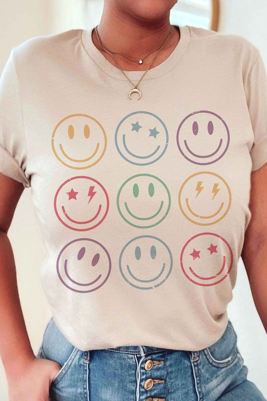 BLUME AND CO UNISEX RETRO MULTI HAPPY FACE GRAPHIC TEE IN 5 COLORS