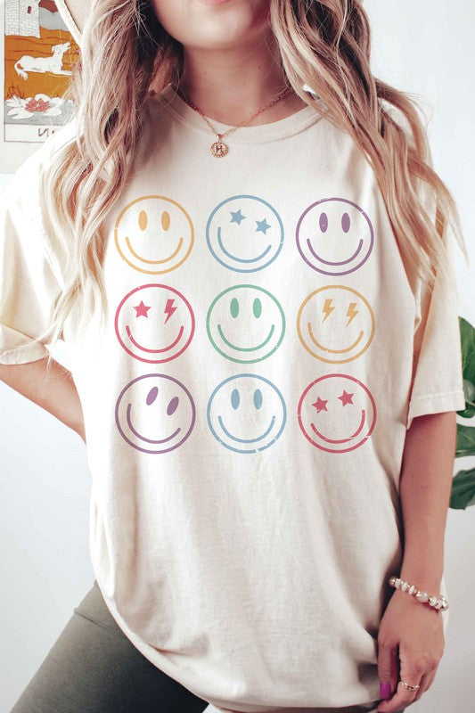 BLUME AND CO UNISEX RETRO MULTI HAPPY FACE GRAPHIC TEE IN 5 COLORS