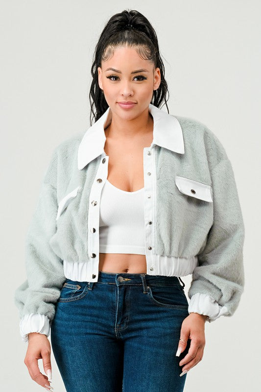 Athina Contrast Denim Faux Fur Cropped Jacket in 2 Colors