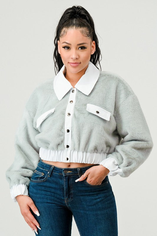 Athina Contrast Denim Faux Fur Cropped Jacket in 2 Colors