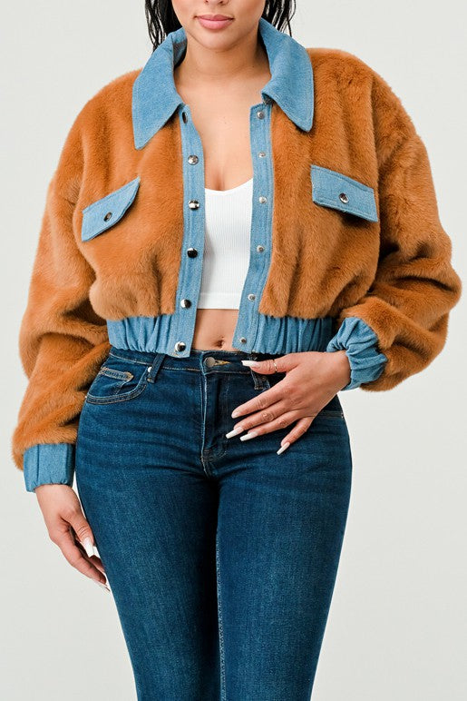 Athina Contrast Denim Faux Fur Cropped Jacket in 2 Colors