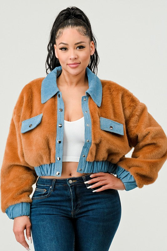 Athina Contrast Denim Faux Fur Cropped Jacket in 2 Colors