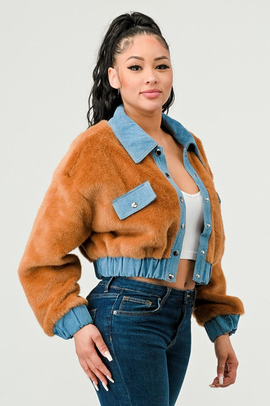 Athina Contrast Denim Faux Fur Cropped Jacket in 2 Colors