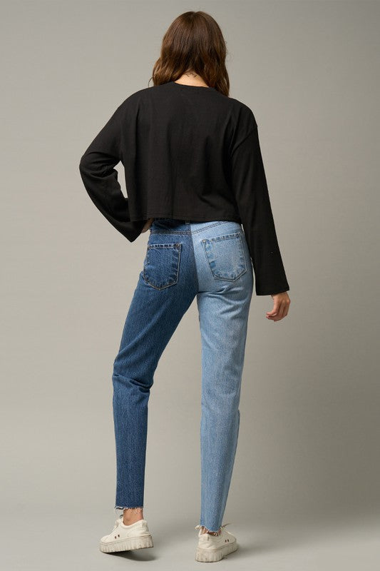 HIGH RISE TOW TONE STRAIGHT JEANS