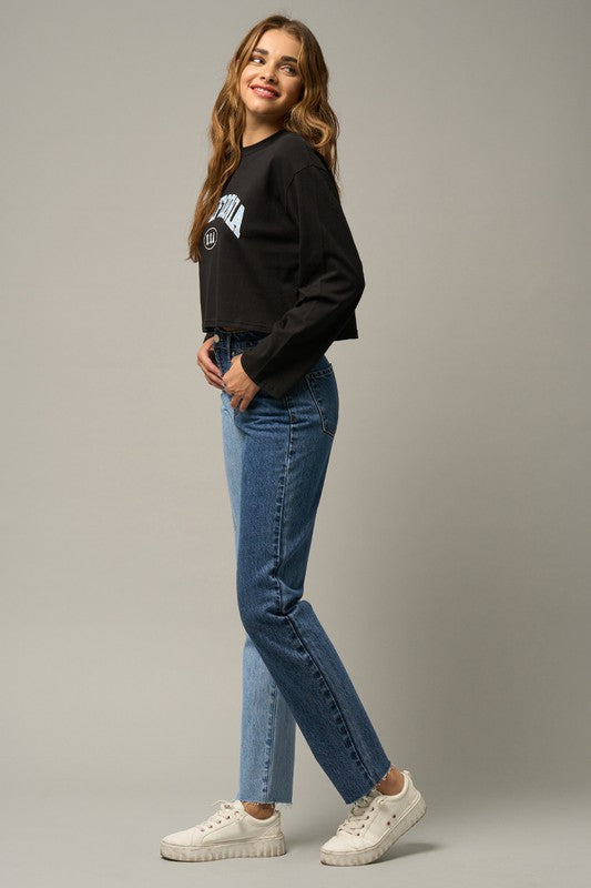 HIGH RISE TOW TONE STRAIGHT JEANS