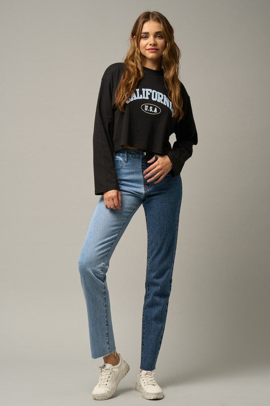 HIGH RISE TOW TONE STRAIGHT JEANS