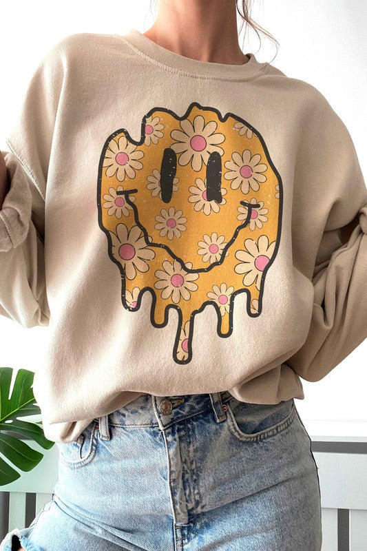 A Blush Co Unisex Retro Daisy Melting Happy Face Graphic Sweatshirt in 4 Colors