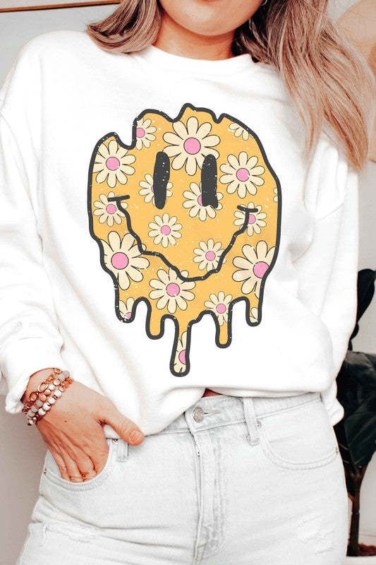 A Blush Co Unisex Retro Daisy Melting Happy Face Graphic Sweatshirt in 4 Colors