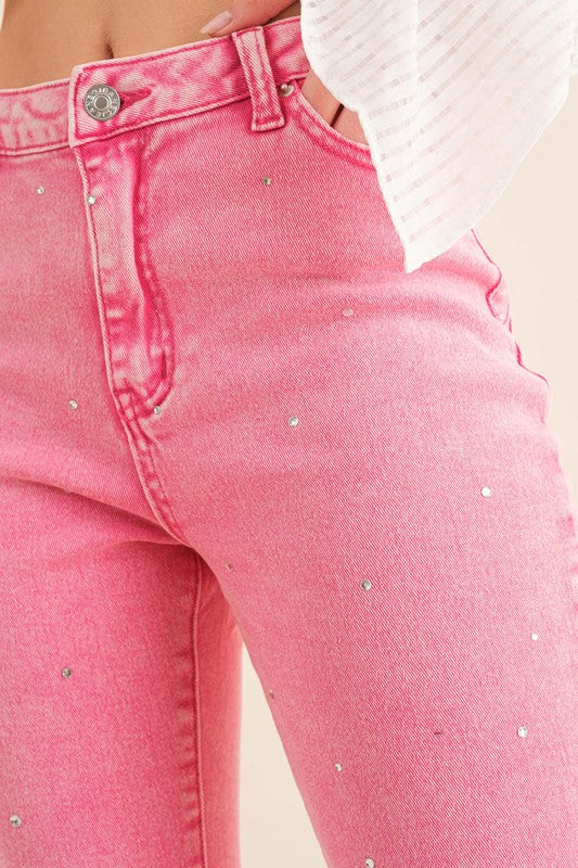 Blue B Rhinestone Studded Distressed Denim Jeans in Pink or Black