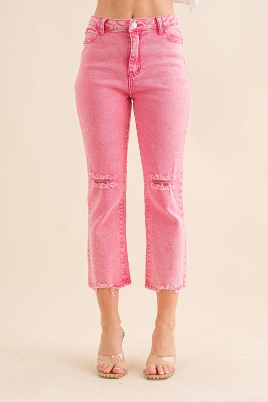 Blue B Rhinestone Studded Distressed Denim Jeans in Pink or Black