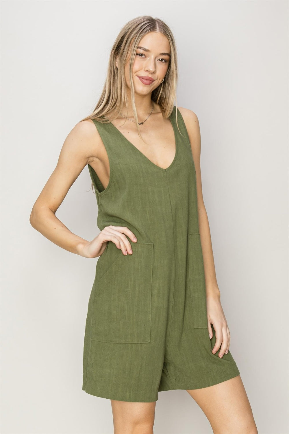 HYFVE Linen Blend Sleeveless V-Neck Romper with Pockets in Moss