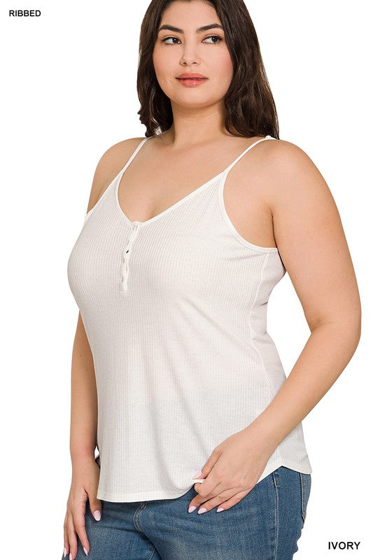 Zenana Plus Ribbed Snap Henley Cami Tank Top