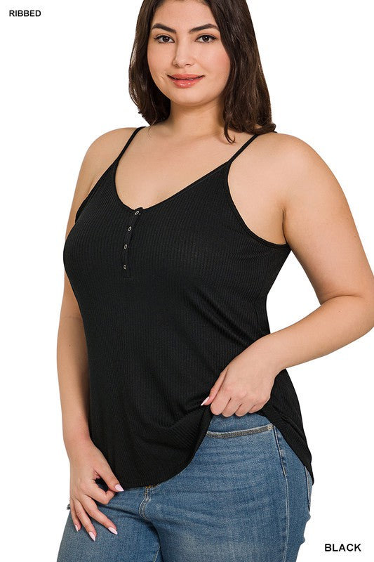 Zenana Plus Ribbed Snap Henley Cami Tank Top