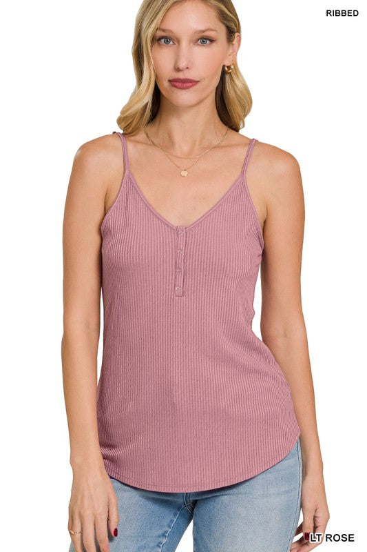 Zenana Ribbed Snap Henley V-Neck Cami Tank Top in 6 Colors