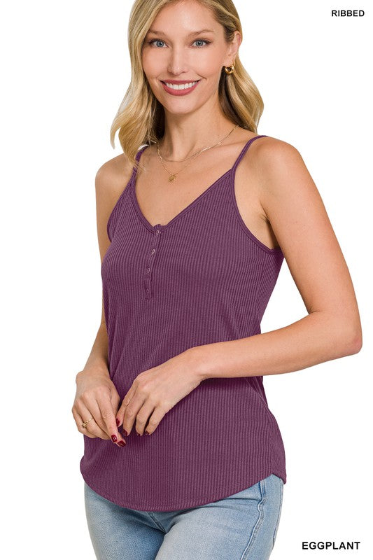 Zenana Ribbed Snap Henley V-Neck Cami Tank Top in 6 Colors