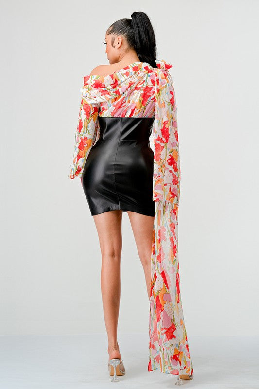 ATHINA MIXED MEDIA FLORAL LEATHER MINI DRESS