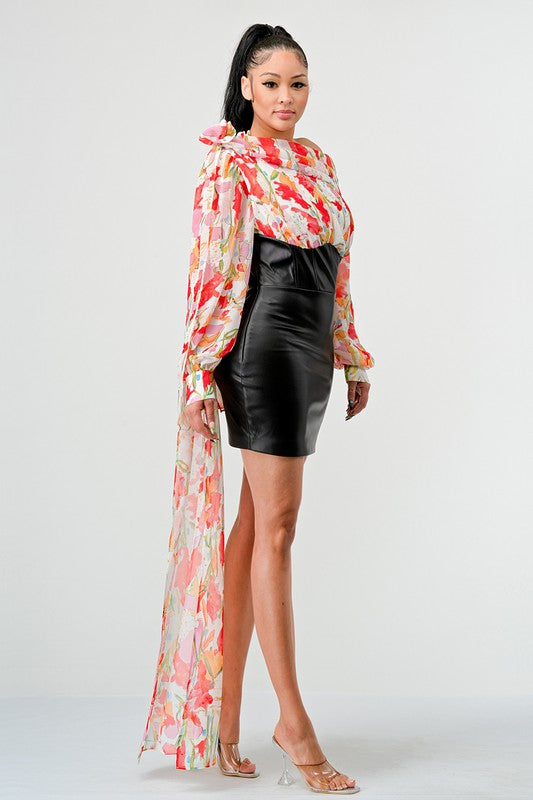 ATHINA MIXED MEDIA FLORAL LEATHER MINI DRESS