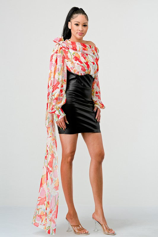 ATHINA MIXED MEDIA FLORAL LEATHER MINI DRESS