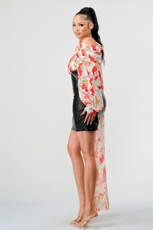 ATHINA MIXED MEDIA FLORAL LEATHER MINI DRESS