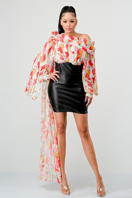 ATHINA MIXED MEDIA FLORAL LEATHER MINI DRESS