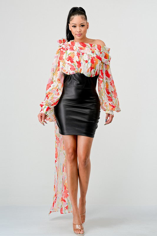 ATHINA MIXED MEDIA FLORAL LEATHER MINI DRESS