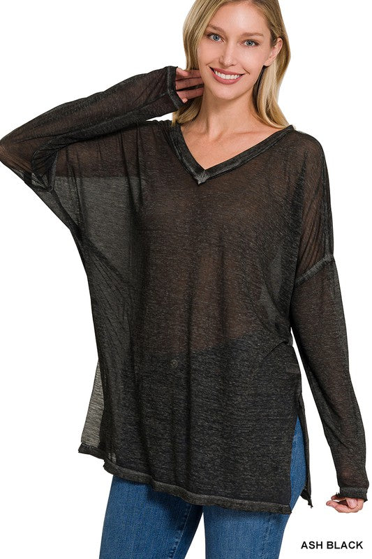 Zenana Sheer Melange Burnout Long Sleeve Dolman Sleeve V-Neck Tunic Top in 3 Colors