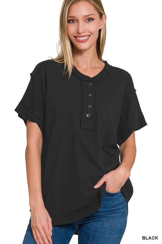 Zenana Cotton Raw Edge Henley T-Shirt in 4 Colors