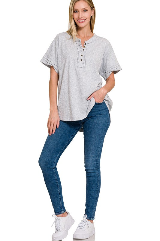 Zenana Cotton Raw Edge Henley T-Shirt in 4 Colors