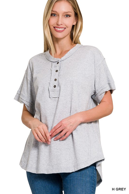 Zenana Cotton Raw Edge Henley T-Shirt in 4 Colors