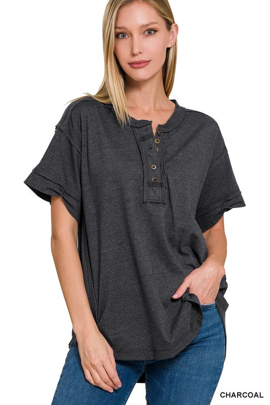 Zenana Cotton Raw Edge Henley T-Shirt in 4 Colors