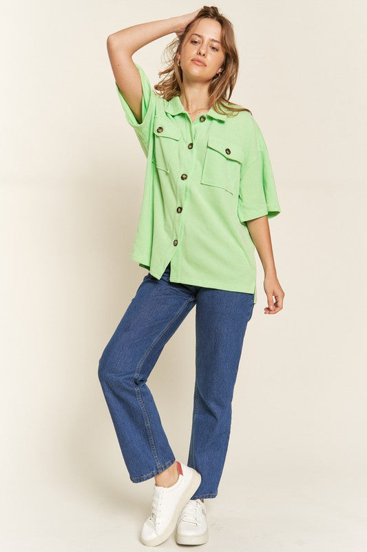 Jade By Jane Smiley Face on Back Button-Down Short Sleeve Shirt in 3 Colors