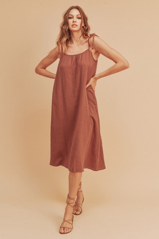 Aemi + Co Pyper Tie Shoulder Cotton Gauze Cami Midi Dress in 4 Colors