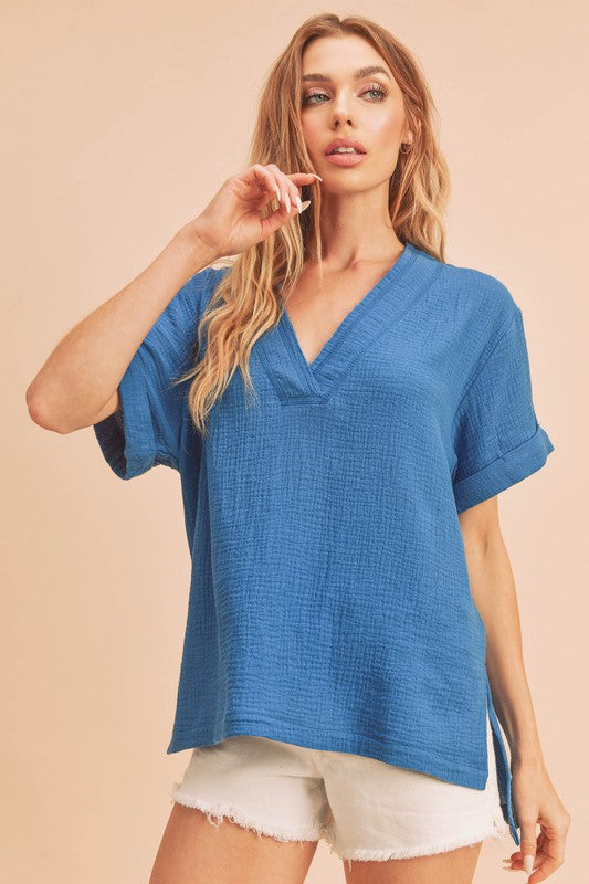 Aemi + Co Trudie Top Cotton Gauze V-Neck Short Sleeve in 7 Colors