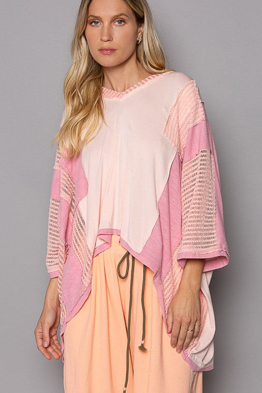 POL Oversized Colorblock Crochet High-Low Hem V-Neck 3/4 Sleeve Top in Peach Blush