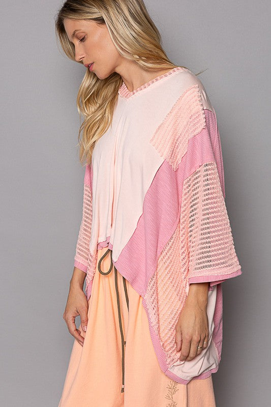 POL Oversized Colorblock Crochet High-Low Hem V-Neck 3/4 Sleeve Top in Peach Blush