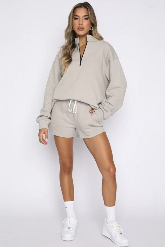 BY CLAUDE TWO PIECE HALF ZIP SWEATSHIRT AND SHORTS LOUNGE SET