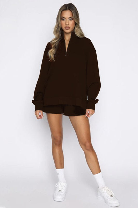 BY CLAUDE TWO PIECE HALF ZIP SWEATSHIRT AND SHORTS LOUNGE SET